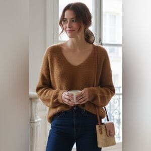 Free People Oversized Fuzzy V-Neck Sweater - XS (Fits Small)